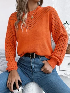 Discount Women's Sweater Pullover Sweater Jumper Casual Soft Pure Color Ribbed Crew Neck Hollow Out Knitted Long Sleeve Regular Tops Knit Outdoor Daily Weekend White Orange Fall Winter Women Pullovers & Tops
