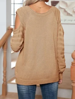 Women's Sweater Pullover Sweater Jumper Casual Soft Pure Color Cable Crew Neck Buttons Knitted Cold Shoulder Long Sleeve Regular Tops Knit Outdoor Daily Weekend White Fuchsia Fall Winter Women Pullovers & Tops