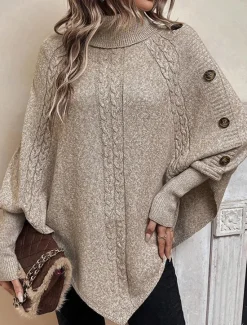 Outlet Women's Sweater Pullover Sweater Jumper Casual Soft Pure Color Ribbed Turtleneck Buttons Knitted Batwing Sleeve Long Sleeve Regular Tops Knit Outdoor Daily Weekend Fall Winter Women Pullovers & Tops
