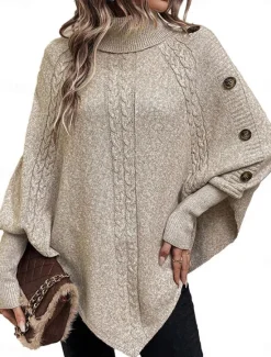 Outlet Women's Sweater Pullover Sweater Jumper Casual Soft Pure Color Ribbed Turtleneck Buttons Knitted Batwing Sleeve Long Sleeve Regular Tops Knit Outdoor Daily Weekend Fall Winter Women Pullovers & Tops