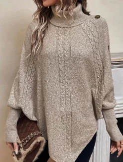 Outlet Women's Sweater Pullover Sweater Jumper Casual Soft Pure Color Ribbed Turtleneck Buttons Knitted Batwing Sleeve Long Sleeve Regular Tops Knit Outdoor Daily Weekend Fall Winter Women Pullovers & Tops