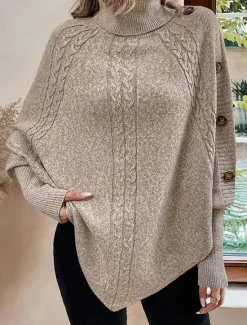 Outlet Women's Sweater Pullover Sweater Jumper Casual Soft Pure Color Ribbed Turtleneck Buttons Knitted Batwing Sleeve Long Sleeve Regular Tops Knit Outdoor Daily Weekend Fall Winter Women Pullovers & Tops