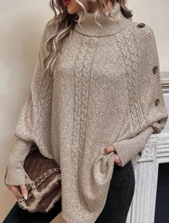 Outlet Women's Sweater Pullover Sweater Jumper Casual Soft Pure Color Ribbed Turtleneck Buttons Knitted Batwing Sleeve Long Sleeve Regular Tops Knit Outdoor Daily Weekend Fall Winter Women Pullovers & Tops
