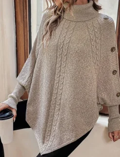 Outlet Women's Sweater Pullover Sweater Jumper Casual Soft Pure Color Ribbed Turtleneck Buttons Knitted Batwing Sleeve Long Sleeve Regular Tops Knit Outdoor Daily Weekend Fall Winter Women Pullovers & Tops