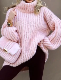 New Women's Sweater Pullover Sweater Jumper Casual Soft Pure Color Chunky Turtleneck Knitted Long Sleeve Regular Tops Knit Outdoor Daily Weekend Pink Blue Fall Winter Women Pullovers & Tops