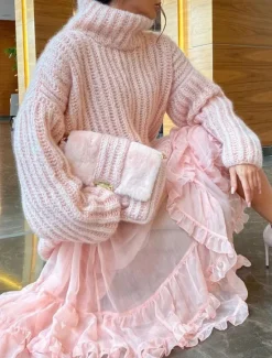 New Women's Sweater Pullover Sweater Jumper Casual Soft Pure Color Chunky Turtleneck Knitted Long Sleeve Regular Tops Knit Outdoor Daily Weekend Pink Blue Fall Winter Women Pullovers & Tops