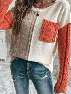 Online Women's Sweater Pullover Sweater Jumper Casual Soft Pure Color Cable Crew Neck Pocket Knitted Long Sleeve Regular Tops Knit Outdoor Daily Weekend Orange Fall Winter Women Pullovers & Tops
