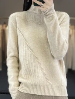 Women's Sweater Pullover Sweater Jumper Casual Soft Pure Color Ribbed Turtleneck Knitted Long Sleeve Regular Tops Knit Outdoor Daily Weekend White Red Fall Winter Women Pullovers & Tops