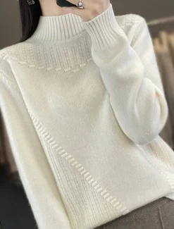 Women's Sweater Pullover Sweater Jumper Casual Soft Pure Color Ribbed Turtleneck Knitted Long Sleeve Regular Tops Knit Outdoor Daily Weekend White Red Fall Winter Women Pullovers & Tops