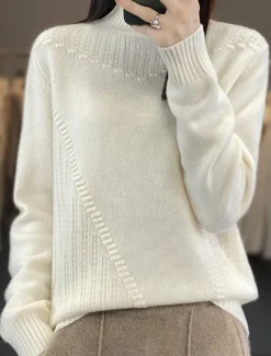 Women's Sweater Pullover Sweater Jumper Casual Soft Pure Color Ribbed Turtleneck Knitted Long Sleeve Regular Tops Knit Outdoor Daily Weekend White Red Fall Winter Women Pullovers & Tops