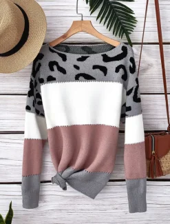Clearance Women's Sweater Pullover Sweater Jumper Casual Sweater Casual Soft Leopard Striped Ribbed V Neck Knitted Long Sleeve Regular Tops Knit Outdoor Daily Weekend Fall Winter Women Pullovers & Tops