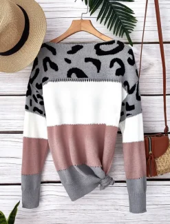 Clearance Women's Sweater Pullover Sweater Jumper Casual Sweater Casual Soft Leopard Striped Ribbed V Neck Knitted Long Sleeve Regular Tops Knit Outdoor Daily Weekend Fall Winter Women Pullovers & Tops