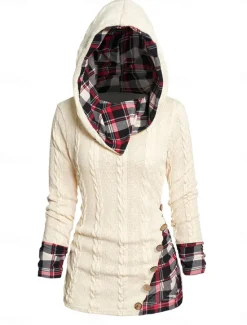 Women's Sweater Pullover Sweater Jumper Casual Soft Plaid Ribbed Hooded Patchwork Knitted Long Sleeve Regular Tops Knit Outdoor Daily Weekend Wine Beige Fall Winter Women Pullovers & Tops