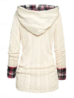 Women's Sweater Pullover Sweater Jumper Casual Soft Plaid Ribbed Hooded Patchwork Knitted Long Sleeve Regular Tops Knit Outdoor Daily Weekend Wine Beige Fall Winter Women Pullovers & Tops
