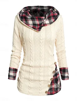 Women's Sweater Pullover Sweater Jumper Casual Soft Plaid Ribbed Hooded Patchwork Knitted Long Sleeve Regular Tops Knit Outdoor Daily Weekend Wine Beige Fall Winter Women Pullovers & Tops