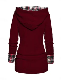 Women's Sweater Pullover Sweater Jumper Casual Soft Plaid Ribbed Hooded Patchwork Knitted Long Sleeve Regular Tops Knit Outdoor Daily Weekend Wine Beige Fall Winter Women Pullovers & Tops