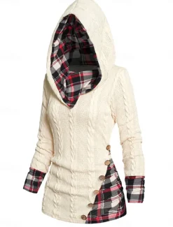 Women's Sweater Pullover Sweater Jumper Casual Soft Plaid Ribbed Hooded Patchwork Knitted Long Sleeve Regular Tops Knit Outdoor Daily Weekend Wine Beige Fall Winter Women Pullovers & Tops