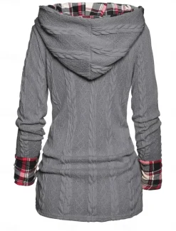 Women's Sweater Pullover Sweater Jumper Casual Soft Plaid Ribbed Hooded Patchwork Knitted Long Sleeve Regular Tops Knit Outdoor Daily Weekend Wine Beige Fall Winter Women Pullovers & Tops
