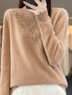 Online Women's Sweater Pullover Sweater Jumper Casual Soft Pure Color Ribbed Stand Collar Knitted Long Sleeve Regular Tops Knit Outdoor Daily Weekend Camel Beige Fall Winter Women Pullovers & Tops