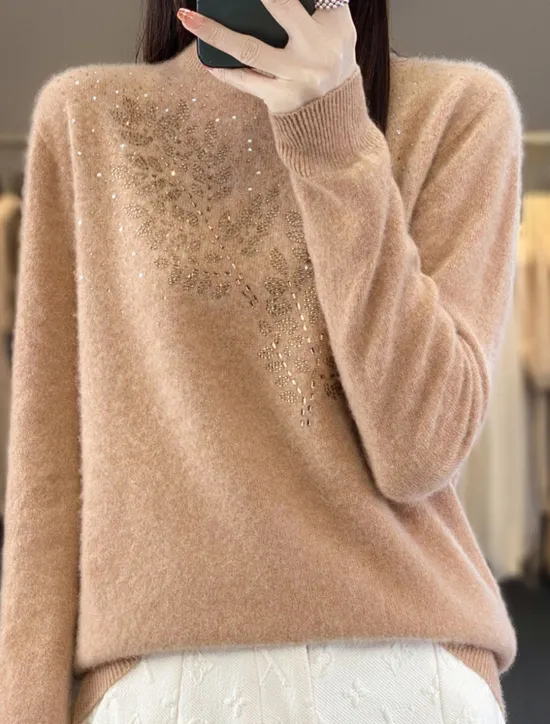 Online Women's Sweater Pullover Sweater Jumper Casual Soft Pure Color Ribbed Stand Collar Knitted Long Sleeve Regular Tops Knit Outdoor Daily Weekend Camel Beige Fall Winter Women Pullovers & Tops