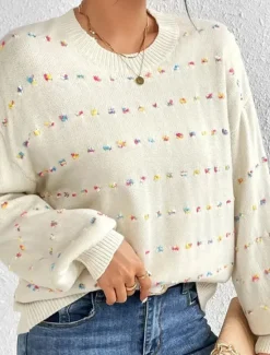 New Women's Sweater Pullover Sweater Jumper Casual Soft Pure Color Ribbed Crew Neck Patchwork Knitted Long Sleeve Regular Tops Knit Outdoor Daily Weekend Fall Winter Women Pullovers & Tops