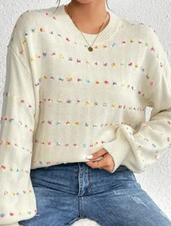 New Women's Sweater Pullover Sweater Jumper Casual Soft Pure Color Ribbed Crew Neck Patchwork Knitted Long Sleeve Regular Tops Knit Outdoor Daily Weekend Fall Winter Women Pullovers & Tops