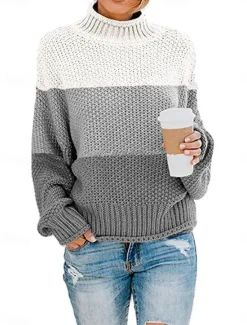 Online Women's Sweater Pullover Sweater Jumper Casual Soft Striped Ribbed Turtleneck Knitted Long Sleeve Regular Tops Knit Outdoor Daily Weekend White Red Fall Winter Women Pullovers & Tops