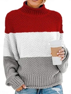 Online Women's Sweater Pullover Sweater Jumper Casual Soft Striped Ribbed Turtleneck Knitted Long Sleeve Regular Tops Knit Outdoor Daily Weekend White Red Fall Winter Women Pullovers & Tops