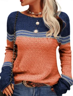 Sale Women's Sweater Pullover Sweater Jumper Casual Soft Striped Ribbed Crew Neck Patchwork Knitted Long Sleeve Regular Tops Knit Outdoor Daily Weekend Pink Orange Fall Winter Women Pullovers & Tops