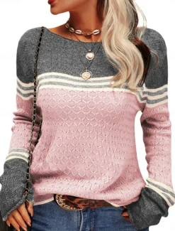 Sale Women's Sweater Pullover Sweater Jumper Casual Soft Striped Ribbed Crew Neck Patchwork Knitted Long Sleeve Regular Tops Knit Outdoor Daily Weekend Pink Orange Fall Winter Women Pullovers & Tops