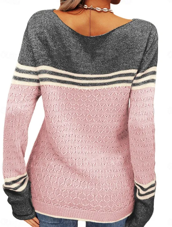 Sale Women's Sweater Pullover Sweater Jumper Casual Soft Striped Ribbed Crew Neck Patchwork Knitted Long Sleeve Regular Tops Knit Outdoor Daily Weekend Pink Orange Fall Winter Women Pullovers & Tops
