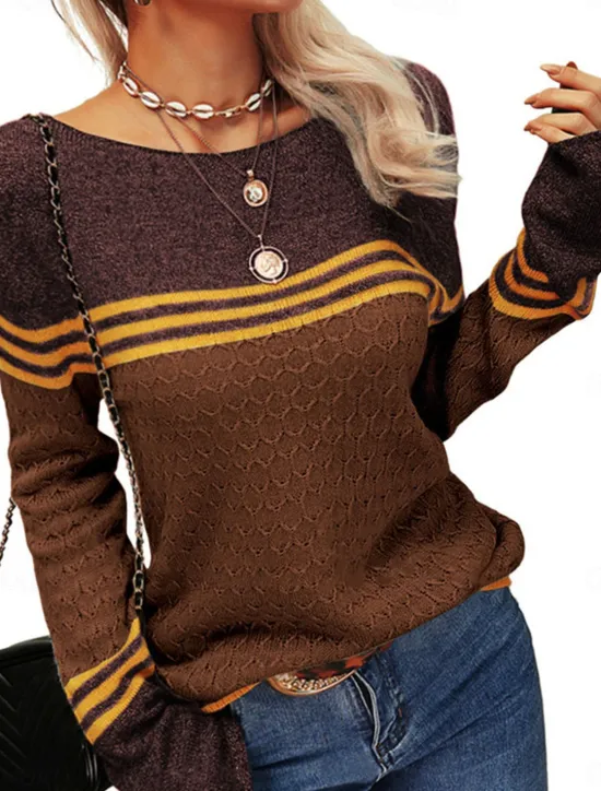 Sale Women's Sweater Pullover Sweater Jumper Casual Soft Striped Ribbed Crew Neck Patchwork Knitted Long Sleeve Regular Tops Knit Outdoor Daily Weekend Pink Orange Fall Winter Women Pullovers & Tops