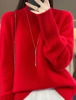 Discount Women's Sweater Pullover Sweater Jumper Casual Soft Pure Color Ribbed Crew Neck Knitted Long Sleeve Regular Tops Knit Outdoor Daily Weekend White Red Fall Winter Women Pullovers & Tops