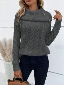 Clearance Women's Sweater Pullover Sweater Jumper Casual Soft Pure Color Ribbed Turtleneck Buttons Knitted Long Sleeve Regular Tops Knit Outdoor Daily Weekend Wine Khaki Fall Winter Women Pullovers & Tops