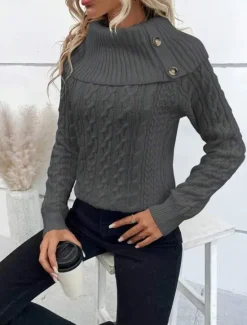 Clearance Women's Sweater Pullover Sweater Jumper Casual Soft Pure Color Ribbed Turtleneck Buttons Knitted Long Sleeve Regular Tops Knit Outdoor Daily Weekend Wine Khaki Fall Winter Women Pullovers & Tops