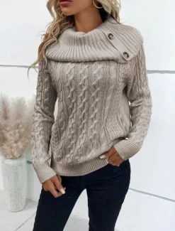 Clearance Women's Sweater Pullover Sweater Jumper Casual Soft Pure Color Ribbed Turtleneck Buttons Knitted Long Sleeve Regular Tops Knit Outdoor Daily Weekend Wine Khaki Fall Winter Women Pullovers & Tops
