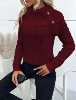 Clearance Women's Sweater Pullover Sweater Jumper Casual Soft Pure Color Ribbed Turtleneck Buttons Knitted Long Sleeve Regular Tops Knit Outdoor Daily Weekend Wine Khaki Fall Winter Women Pullovers & Tops