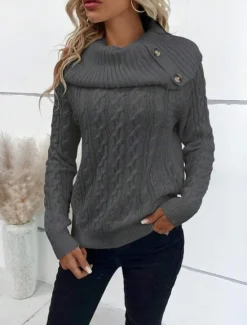 Clearance Women's Sweater Pullover Sweater Jumper Casual Soft Pure Color Ribbed Turtleneck Buttons Knitted Long Sleeve Regular Tops Knit Outdoor Daily Weekend Wine Khaki Fall Winter Women Pullovers & Tops