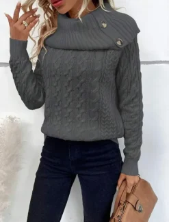 Clearance Women's Sweater Pullover Sweater Jumper Casual Soft Pure Color Ribbed Turtleneck Buttons Knitted Long Sleeve Regular Tops Knit Outdoor Daily Weekend Wine Khaki Fall Winter Women Pullovers & Tops