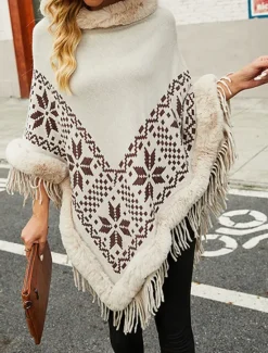 New Women's Sweater Pullover Sweater Jumper Shrug Casual Soft Argyle Ribbed Turtleneck Tassel Knitted Faux Fur Trim 3/4 Length Sleeve Long Tops Knit Outdoor Daily Weekend Yellow Wine Fall Winter Women Hoodies & Sweatshirts|Shrugs & Capes
