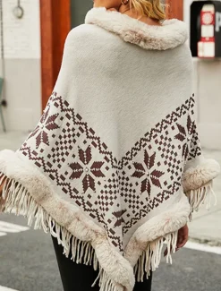 New Women's Sweater Pullover Sweater Jumper Shrug Casual Soft Argyle Ribbed Turtleneck Tassel Knitted Faux Fur Trim 3/4 Length Sleeve Long Tops Knit Outdoor Daily Weekend Yellow Wine Fall Winter Women Hoodies & Sweatshirts|Shrugs & Capes