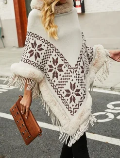 New Women's Sweater Pullover Sweater Jumper Shrug Casual Soft Argyle Ribbed Turtleneck Tassel Knitted Faux Fur Trim 3/4 Length Sleeve Long Tops Knit Outdoor Daily Weekend Yellow Wine Fall Winter Women Hoodies & Sweatshirts|Shrugs & Capes