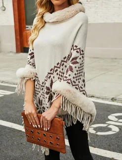 New Women's Sweater Pullover Sweater Jumper Shrug Casual Soft Argyle Ribbed Turtleneck Tassel Knitted Faux Fur Trim 3/4 Length Sleeve Long Tops Knit Outdoor Daily Weekend Yellow Wine Fall Winter Women Hoodies & Sweatshirts|Shrugs & Capes
