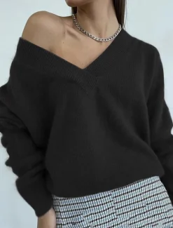 New Women's Sweater Pullover Sweater Jumper Casual Soft Pure Color Ribbed V Neck Knitted Long Sleeve Regular Tops Knit Outdoor Daily Weekend Black White Fall Winter Women Pullovers & Tops