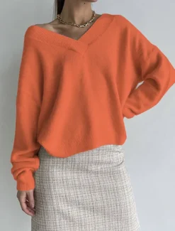 New Women's Sweater Pullover Sweater Jumper Casual Soft Pure Color Ribbed V Neck Knitted Long Sleeve Regular Tops Knit Outdoor Daily Weekend Black White Fall Winter Women Pullovers & Tops