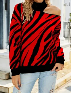 Outlet Women's Sweater Pullover Sweater Jumper Casual Soft Striped Ribbed Stand Collar Pocket Knitted Cold Shoulder Long Sleeve Regular Tops Knit Outdoor Daily Weekend Black Red Fall Winter Women Pullovers & Tops