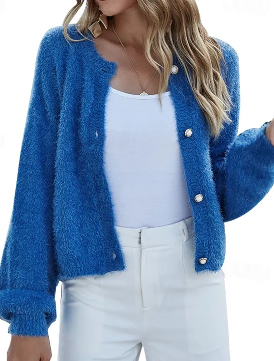 Sale Women's Sweater Pullover Sweater Fuzzy Jumper Crew Neck Ribbed Knit Button Knitted Fall Winter Outdoor Daily Weekend Casual Soft Long Sleeve Pure Color Women Cardigans & Outerwears|Pullovers & Tops