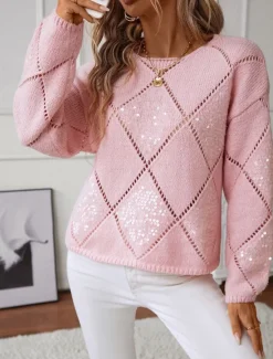 Clearance Women's Sweater Sequins Knit Knitted Geometric Pattern Fall Winter Home Work Casual Long Sleeve Pink Blue Women Pullovers & Tops