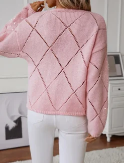 Clearance Women's Sweater Sequins Knit Knitted Geometric Pattern Fall Winter Home Work Casual Long Sleeve Pink Blue Women Pullovers & Tops