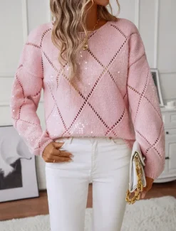 Clearance Women's Sweater Sequins Knit Knitted Geometric Pattern Fall Winter Home Work Casual Long Sleeve Pink Blue Women Pullovers & Tops
